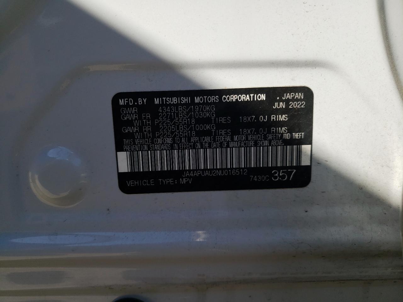 2022 MITSUBISHI OUTLANDER SPORT ES VIN:JA4APUAU2NU016512