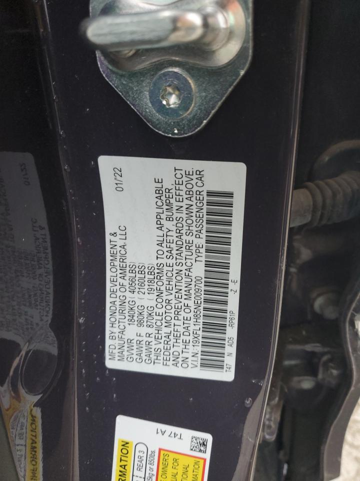 2022 HONDA CIVIC SPORT TOURING VIN:19XFL1H85NE009700