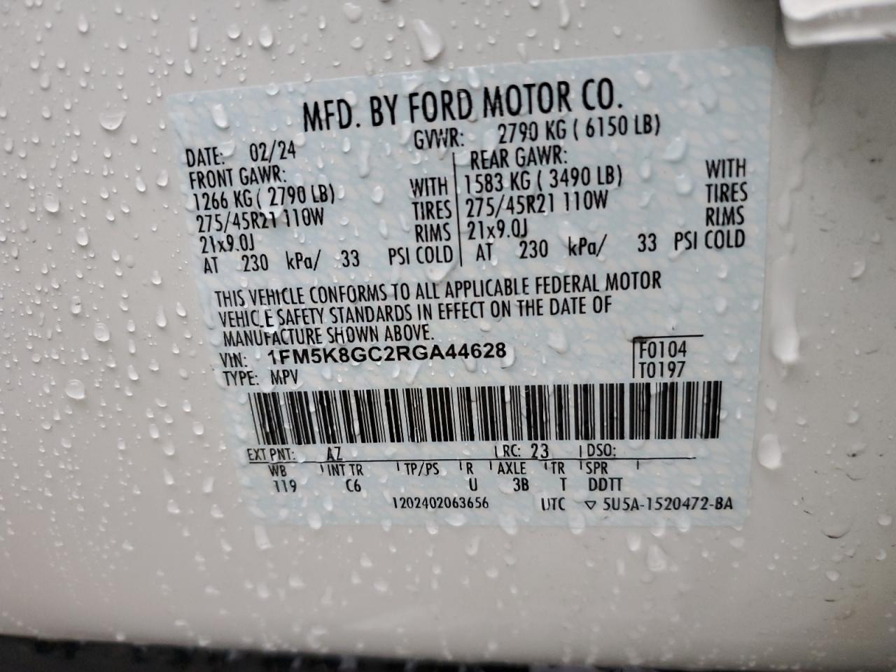 2024 FORD EXPLORER ST VIN:1FM5K8GC2RGA44628