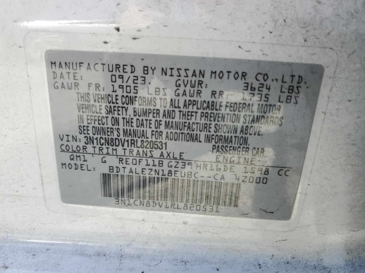 2024 NISSAN VERSA S VIN:3N1CN8DV1RL820531