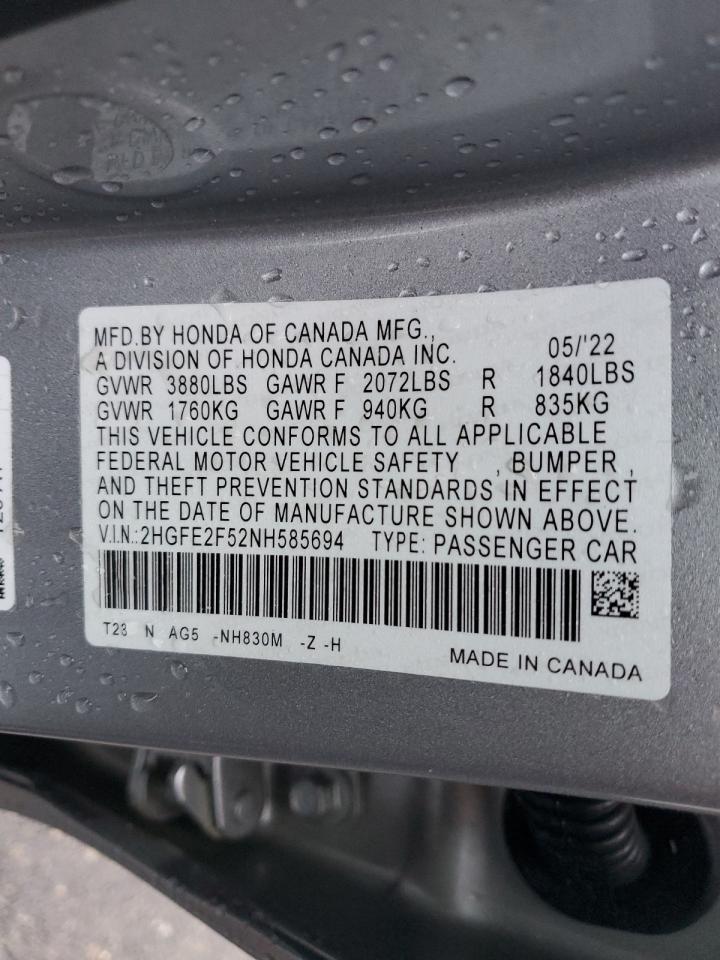 2022 HONDA CIVIC SPORT VIN:2HGFE2F52NH585694