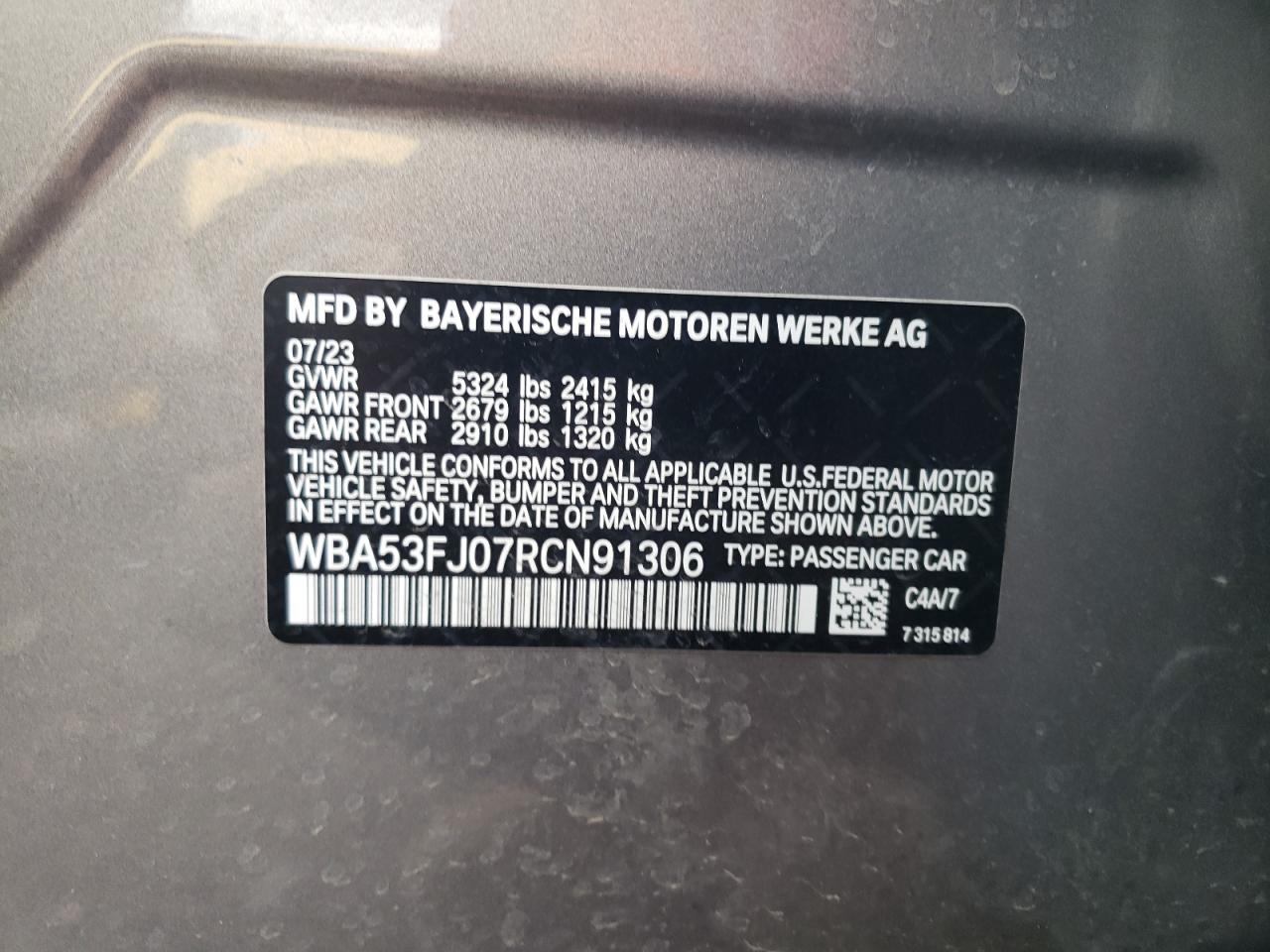 2024 BMW 530 XI VIN:WBA53FJ07RCN91306