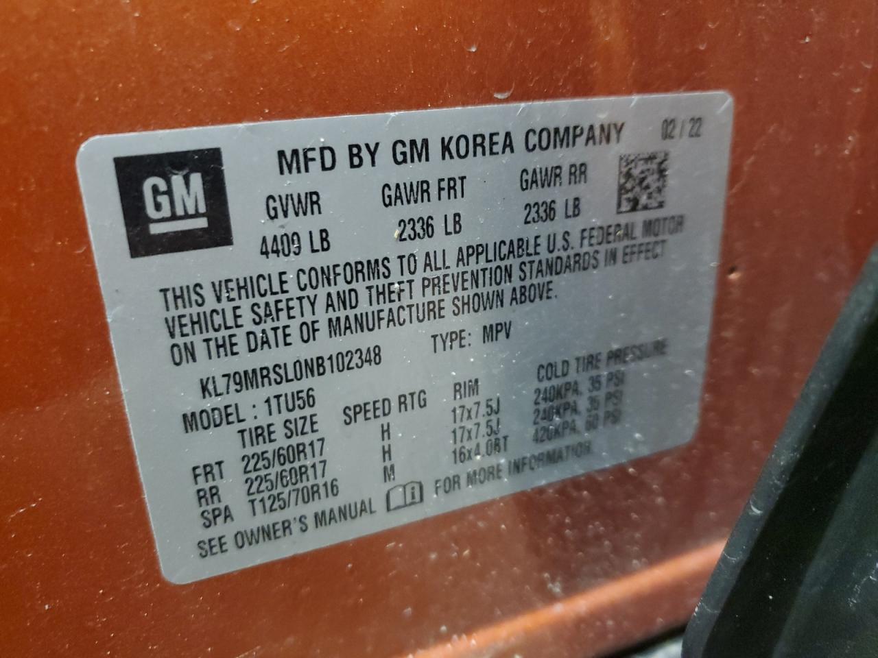 2022 CHEVROLET TRAILBLAZER LT VIN:KL79MRSL0NB102348