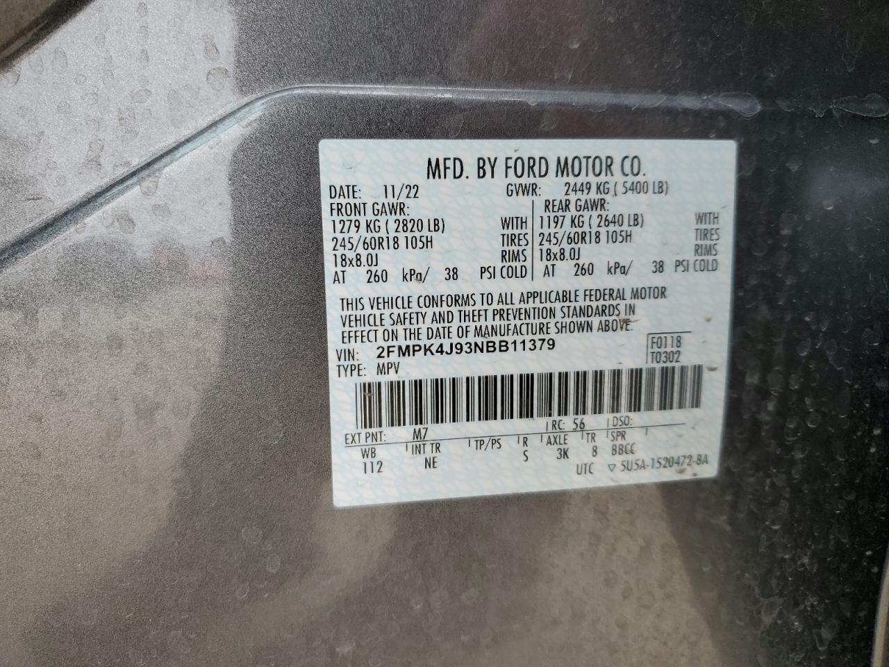 2022 FORD EDGE SEL VIN:2FMPK4J93NBB11379