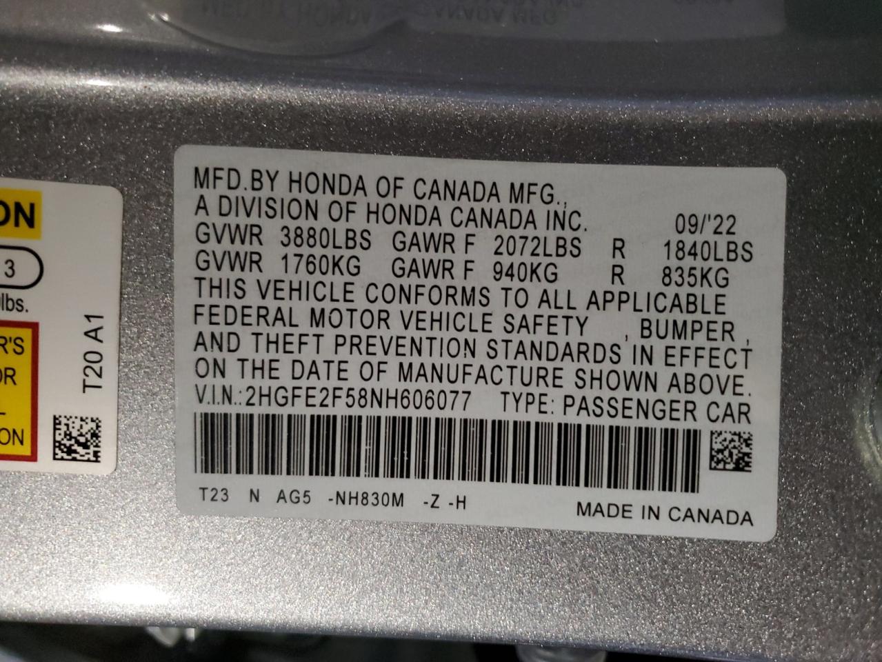 2022 HONDA CIVIC SPORT VIN:2HGFE2F58NH606077