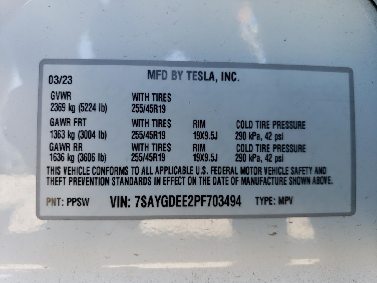 2023 TESLA MODEL Y  VIN:7SAYGDEE2PF703494