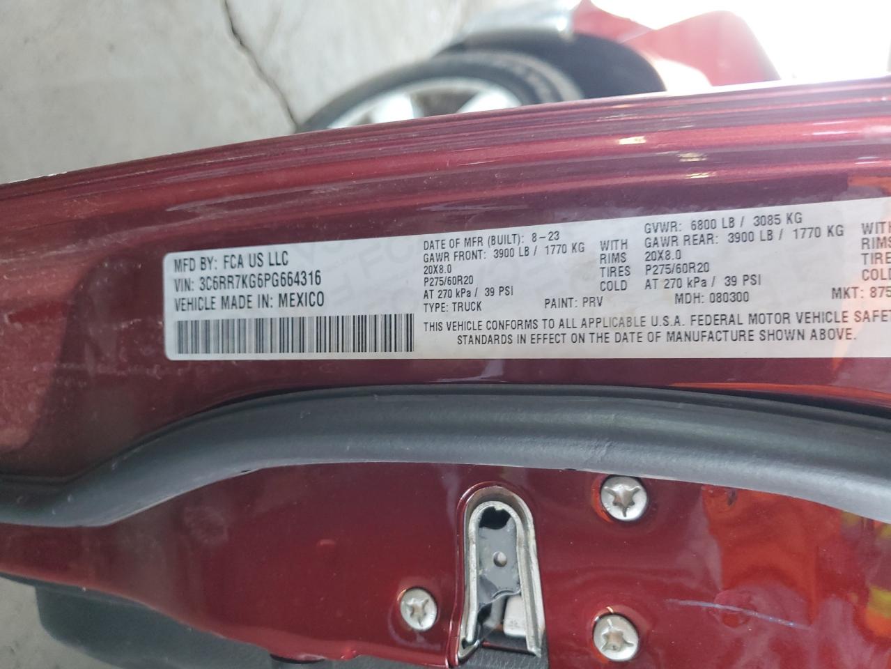 2023 RAM 1500 CLASSIC TRADESMAN VIN:3C6RR7KG6PG664316