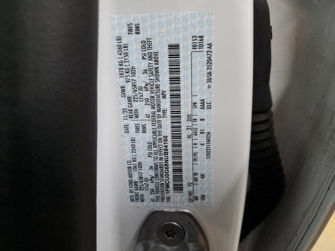 2022 FORD ESCAPE SE VIN:1FMCU0G68NUB84160