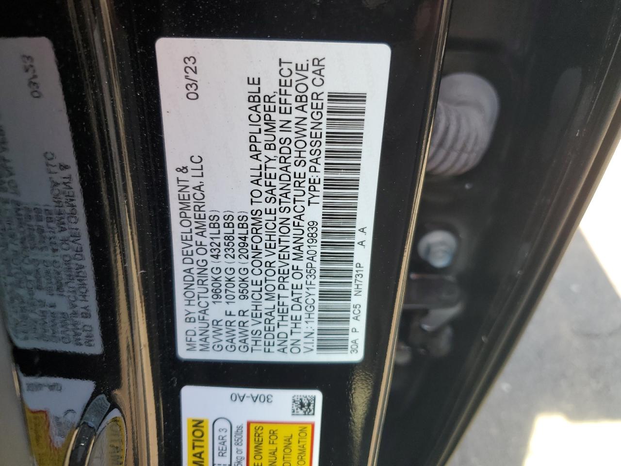 2023 HONDA ACCORD EX VIN:1HGCY1F35PA019839