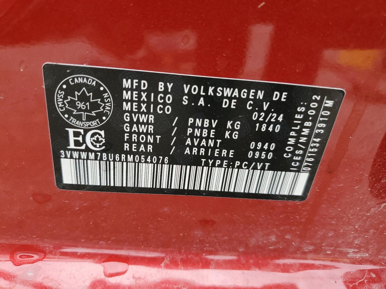 2024 VOLKSWAGEN JETTA COMFORTLINE VIN:3VWWM7BU6RM054076