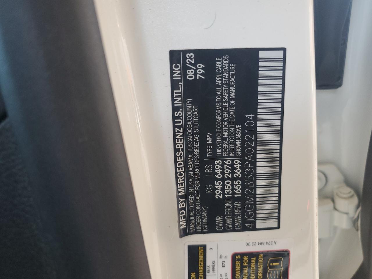 2023 MERCEDES-BENZ EQE SUV 350+ VIN:4JGGM2BB3PA022104