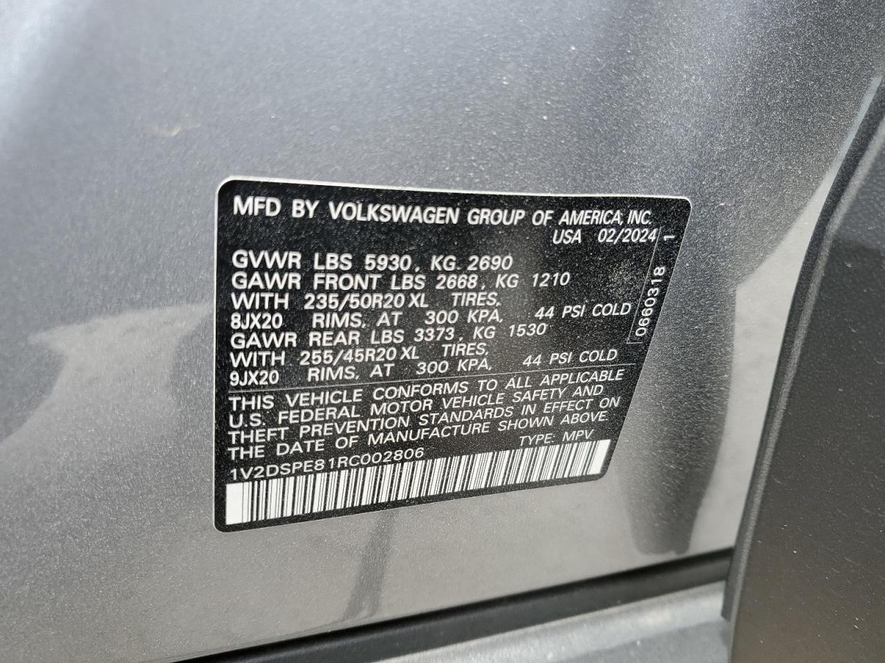 2024 VOLKSWAGEN ID.4 PRO VIN:1V2DSPE81RC002806