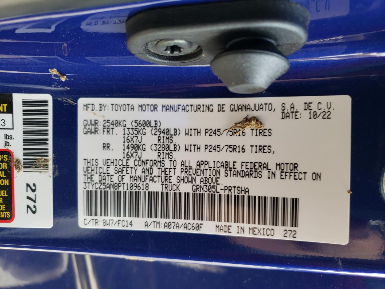 2023 TOYOTA TACOMA DOUBLE CAB VIN:3TYCZ5AN8PT109618