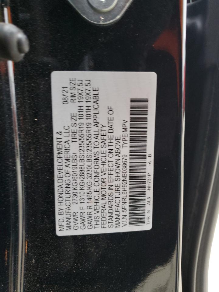 2022 HONDA ODYSSEY ELITE VIN:5FNRL6H92NB038679