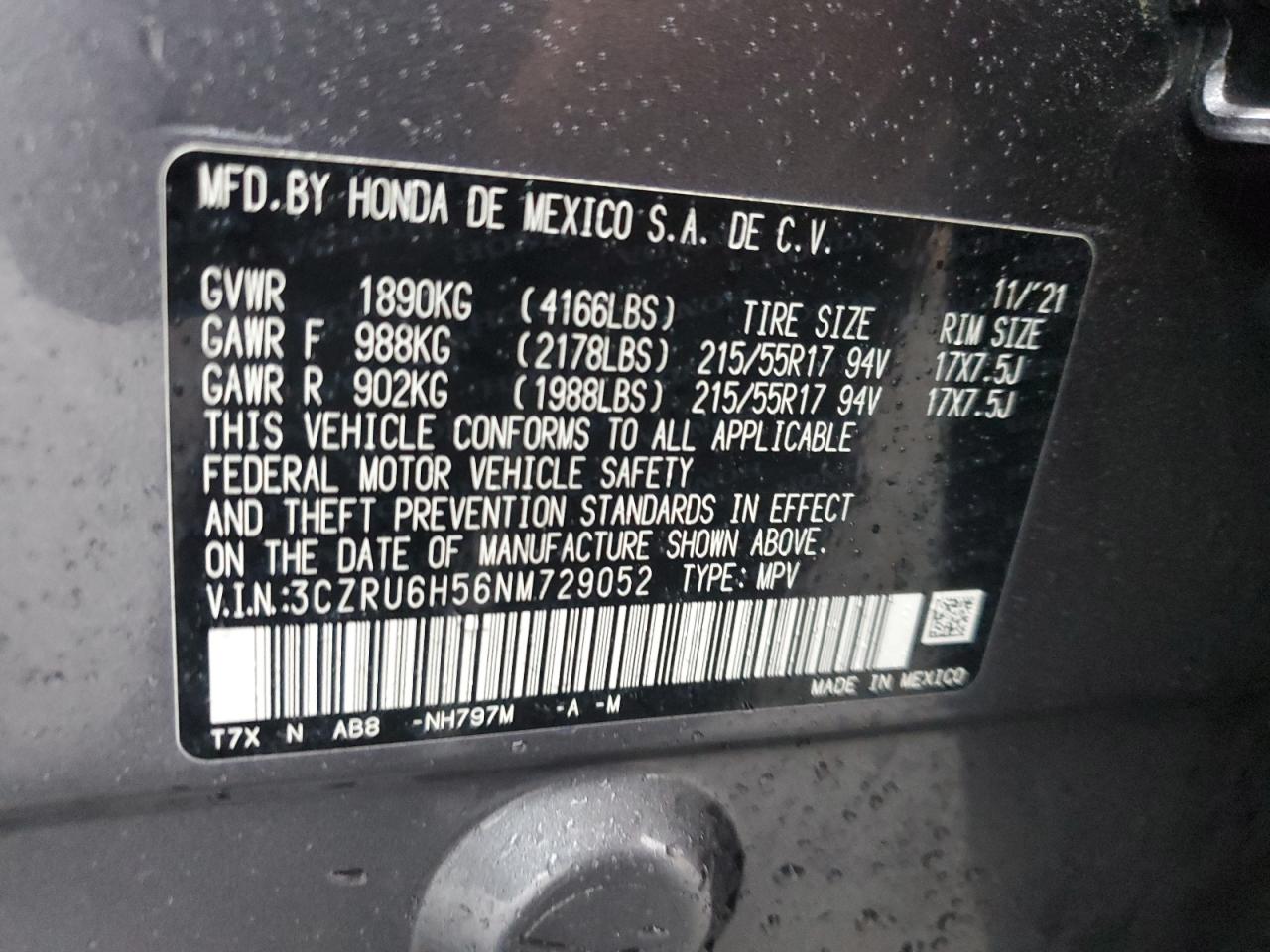 2022 HONDA HR-V EX VIN:3CZRU6H56NM729052