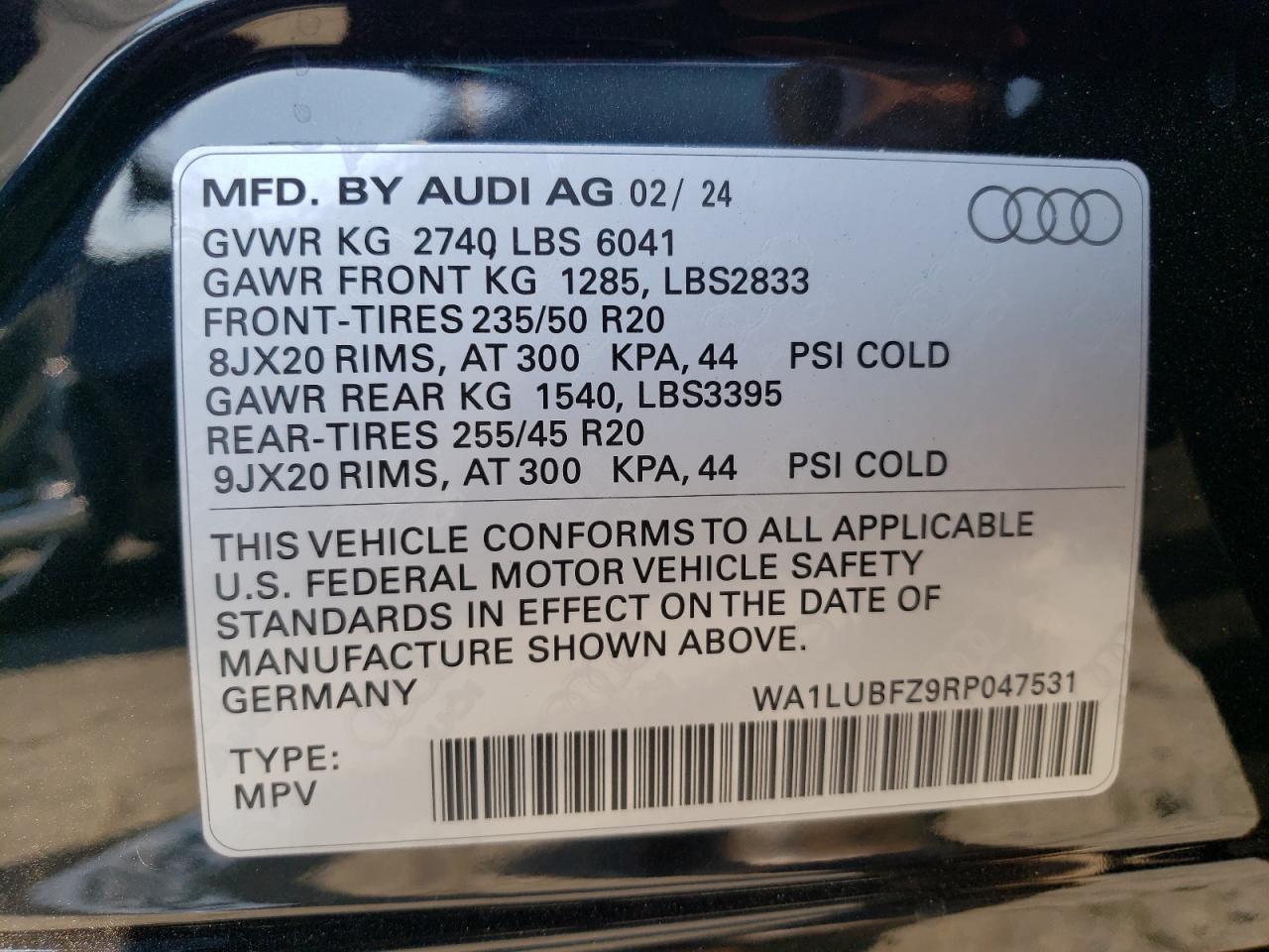 2024 AUDI Q4 E-TRON PREMIUM PLUS VIN:WA1LUBFZ9RP047531