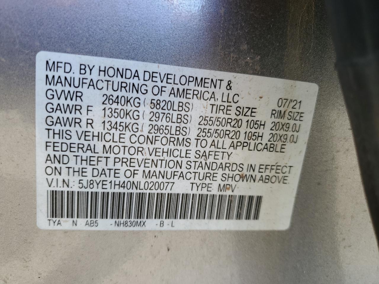 2022 ACURA MDX TECHNOLOGY VIN:5J8YE1H40NL020077