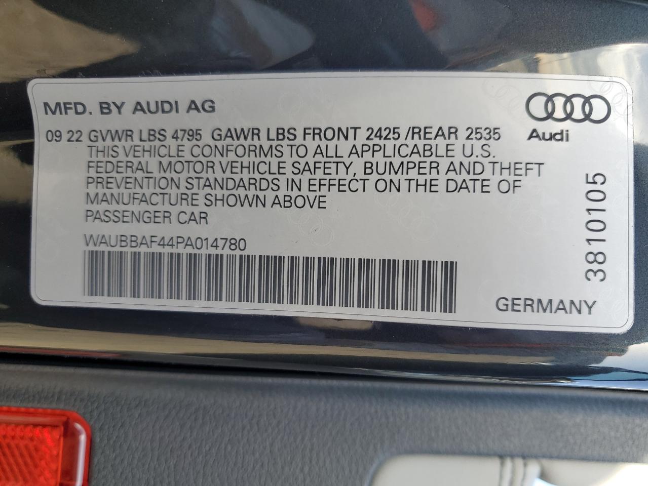 2023 AUDI A4 PREMIUM PLUS 40 VIN:WAUBBAF44PA014780
