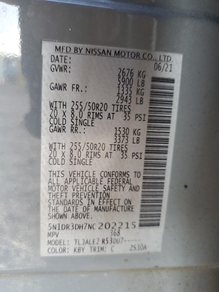 2022 NISSAN PATHFINDER PLATINUM VIN:5N1DR3DH7NC202215