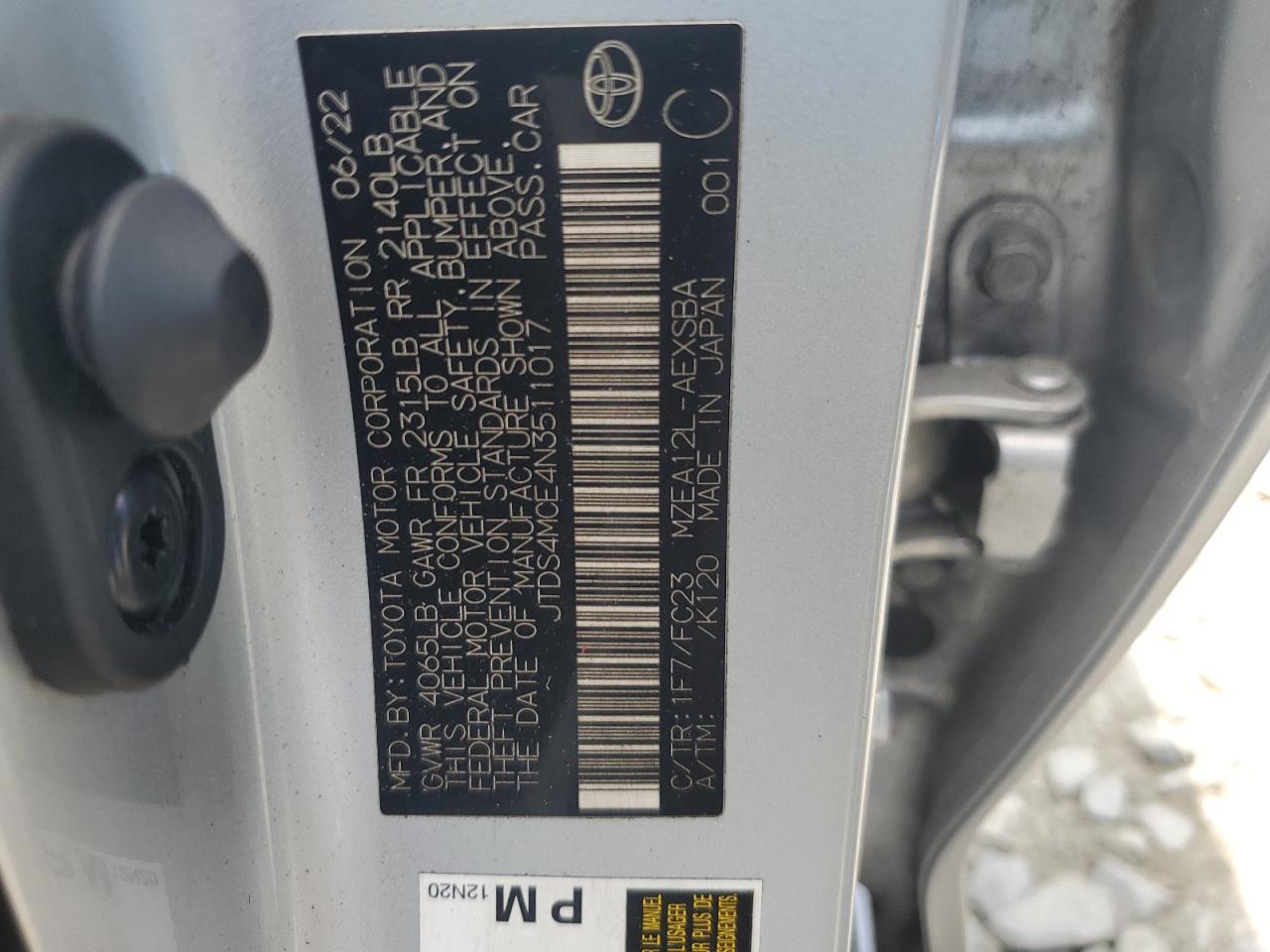 2022 TOYOTA COROLLA SE VIN:JTDS4MCE4N3511017