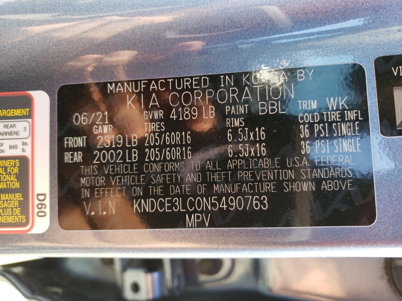 2022 KIA NIRO EX PREMIUM VIN:KNDCE3LC0N5490763