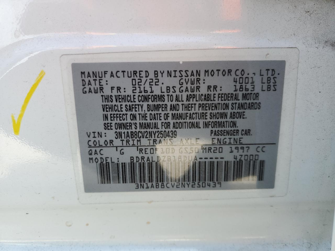 2022 NISSAN SENTRA SV VIN:3N1AB8CV2NY250439