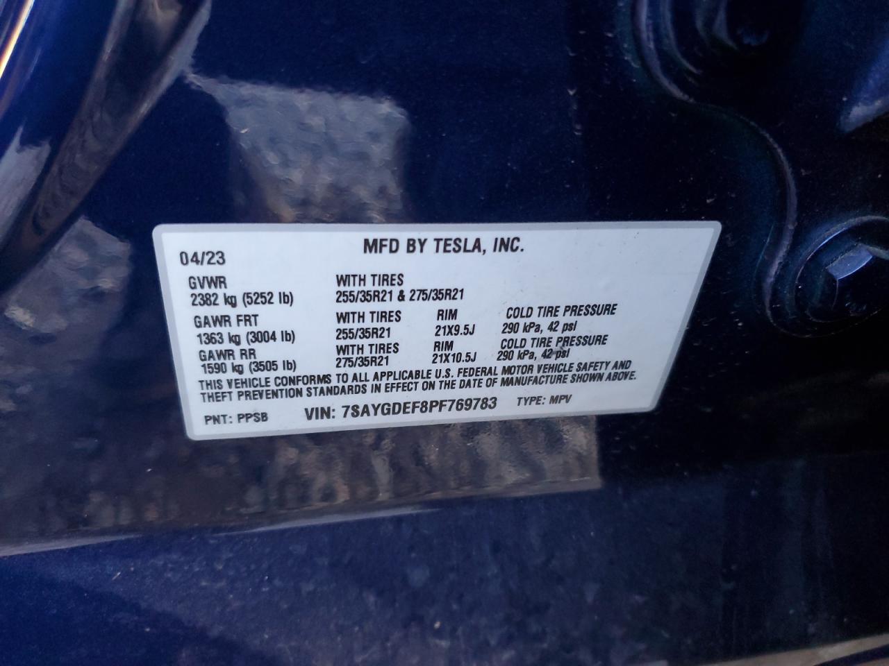 2023 TESLA MODEL Y  VIN:7SAYGDEF8PF769783