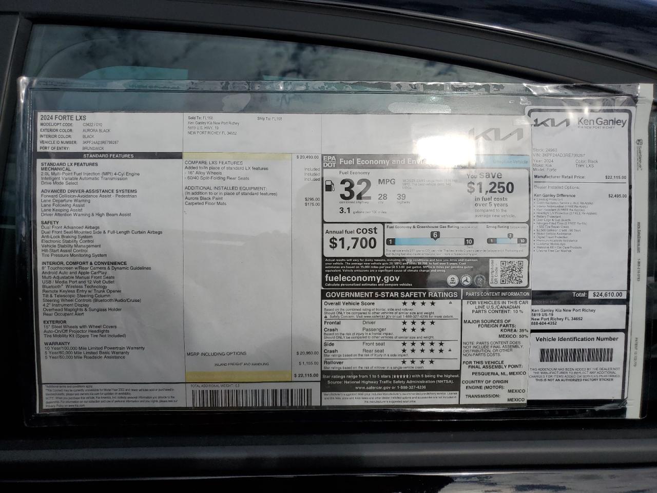 2024 KIA FORTE LX VIN:3KPF24AD3RE799287