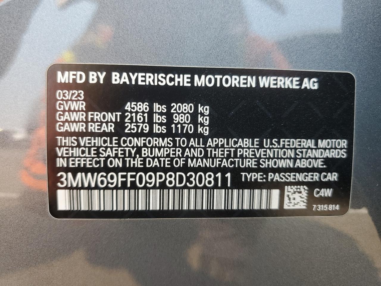 2023 BMW 330I  VIN:3MW69FF09P8D30811