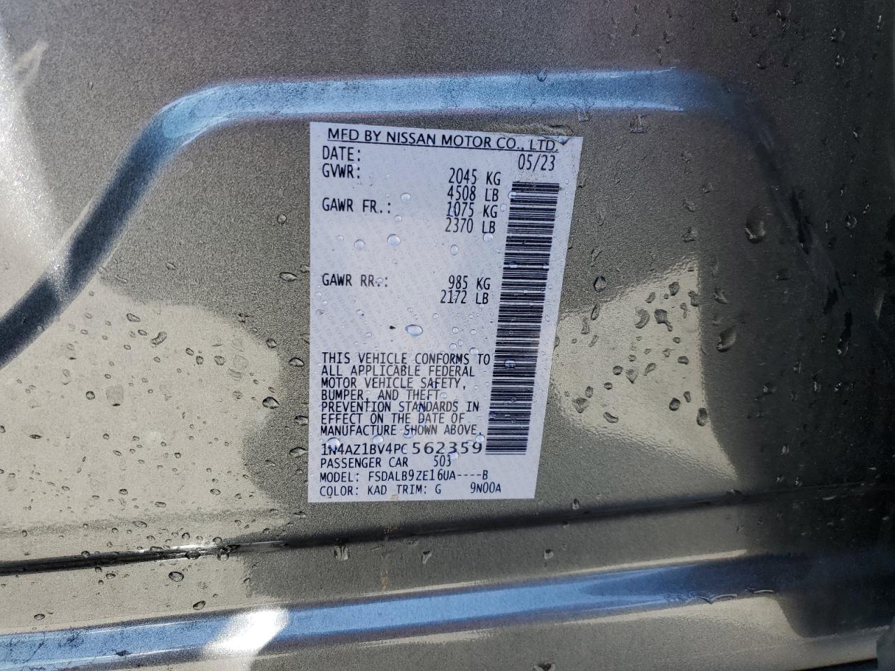 2023 NISSAN LEAF S VIN:1N4AZ1BV4PC562359