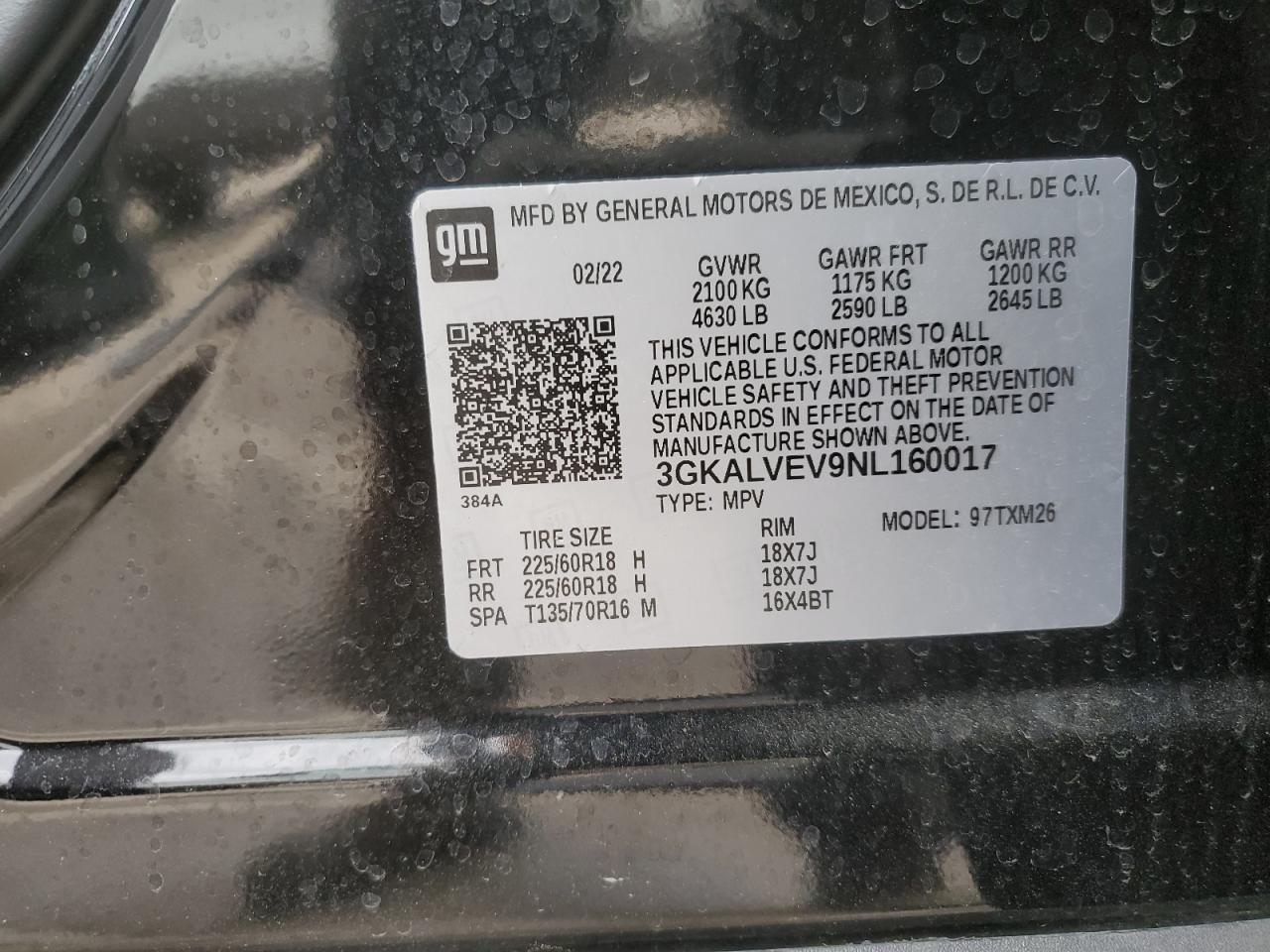 2022 GMC TERRAIN SLT VIN:3GKALVEV9NL160017