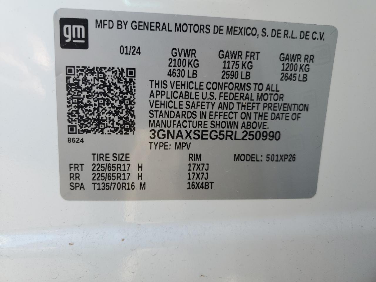 2024 CHEVROLET EQUINOX LS VIN:3GNAXSEG5RL250990