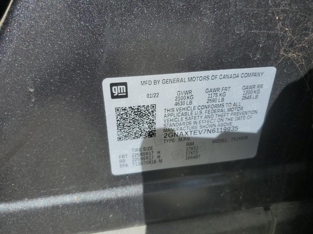 2022 CHEVROLET EQUINOX LT VIN:2GNAXTEV7N6119935