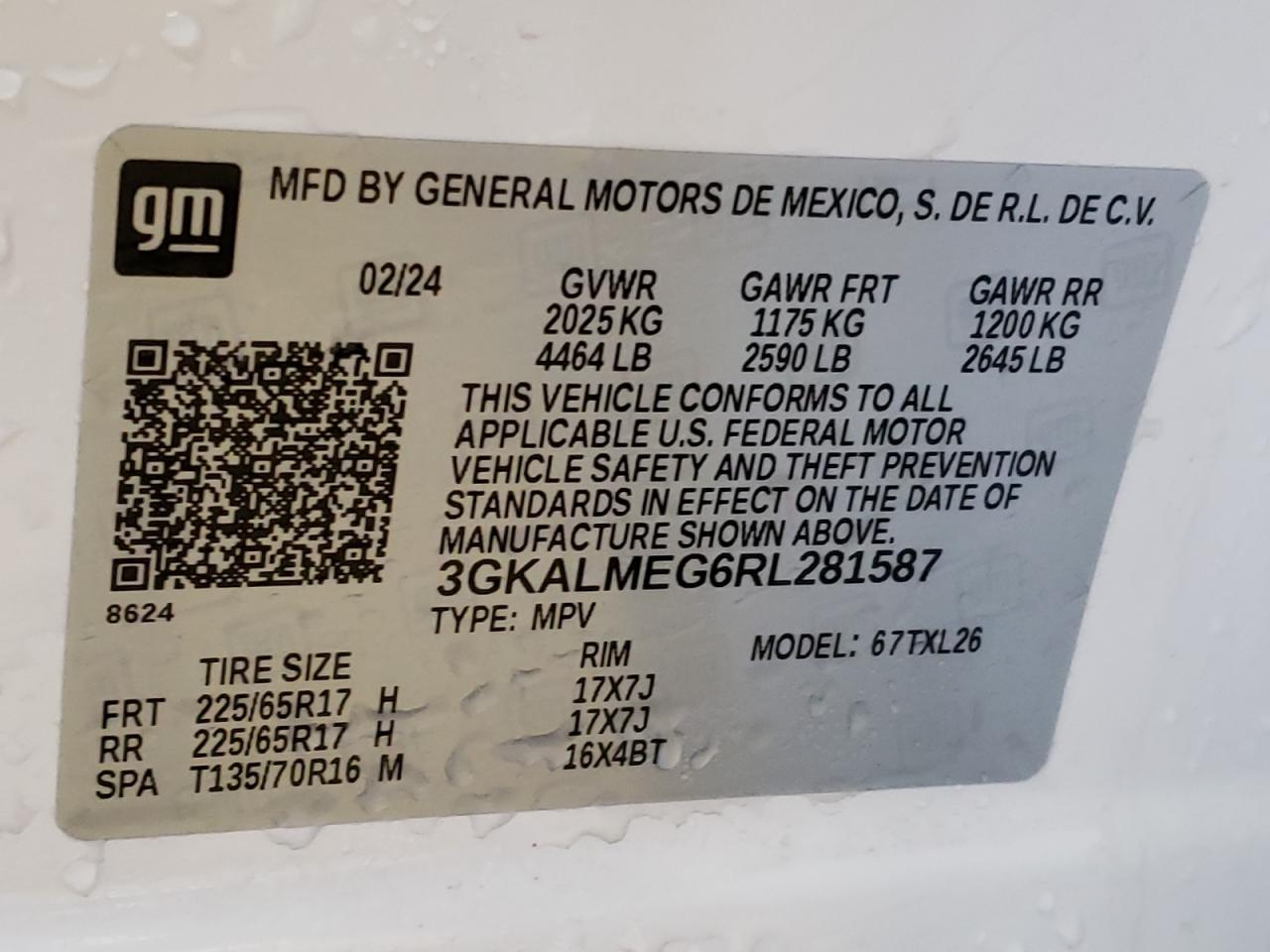 2024 GMC TERRAIN SLE VIN:3GKALMEG6RL281587
