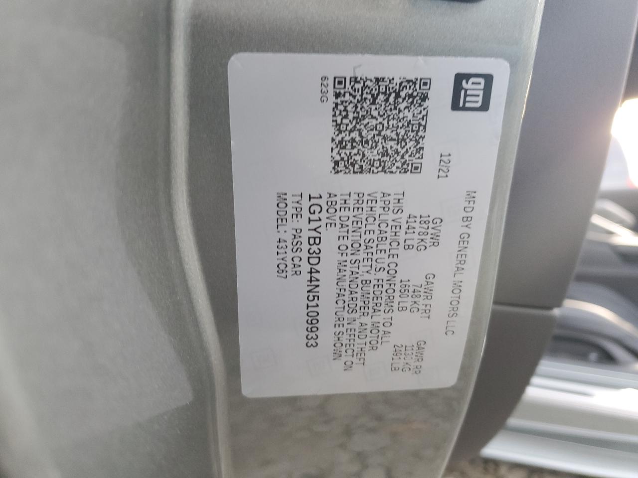 2022 CHEVROLET CORVETTE STINGRAY 2LT VIN:1G1YB3D44N5109933