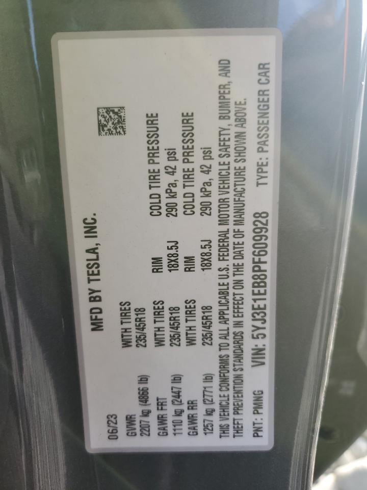 2023 TESLA MODEL 3  VIN:5YJ3E1EB8PF609928