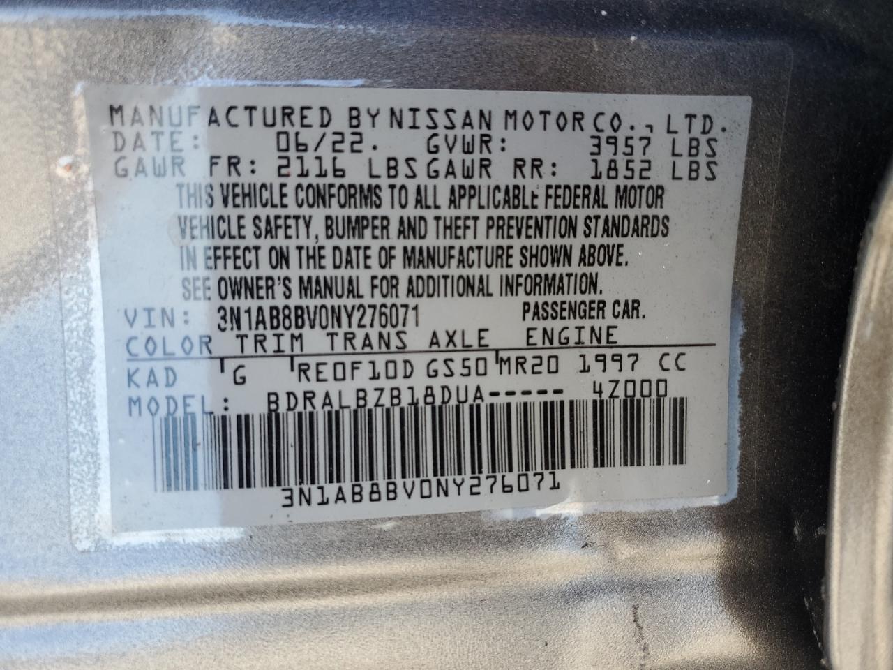 2022 NISSAN SENTRA S VIN:3N1AB8BV0NY276071