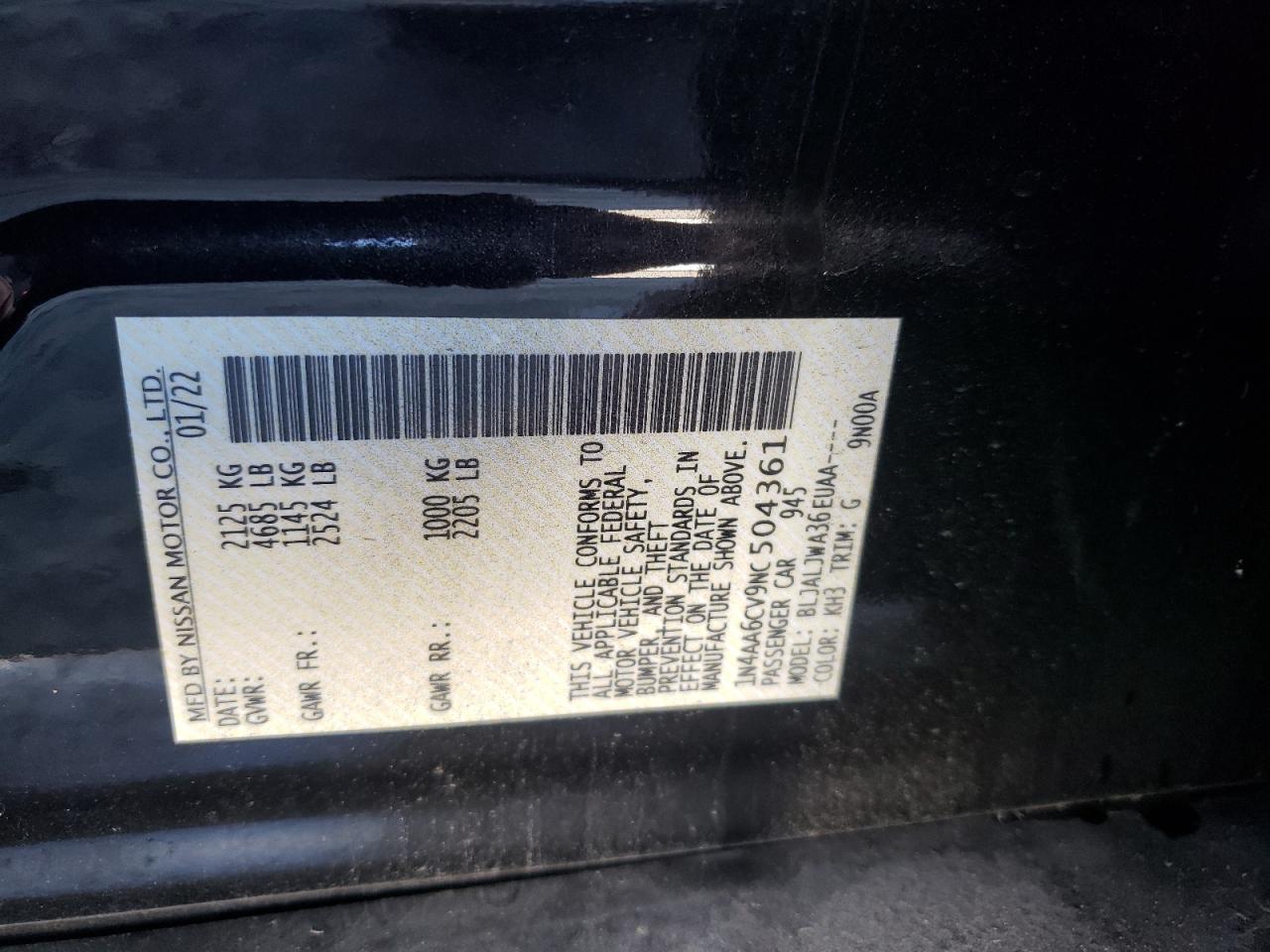 2022 NISSAN MAXIMA SV VIN:1N4AA6CV9NC504361