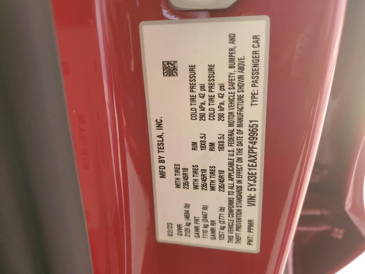2023 TESLA MODEL 3  VIN:5YJ3E1EAXPF499651