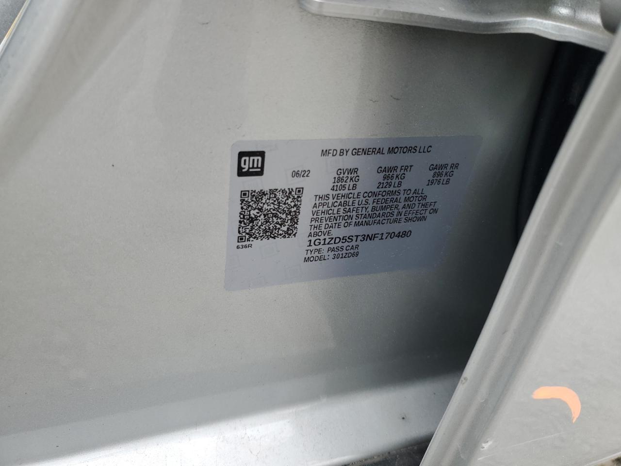 2022 CHEVROLET MALIBU LT VIN:1G1ZD5ST3NF170480