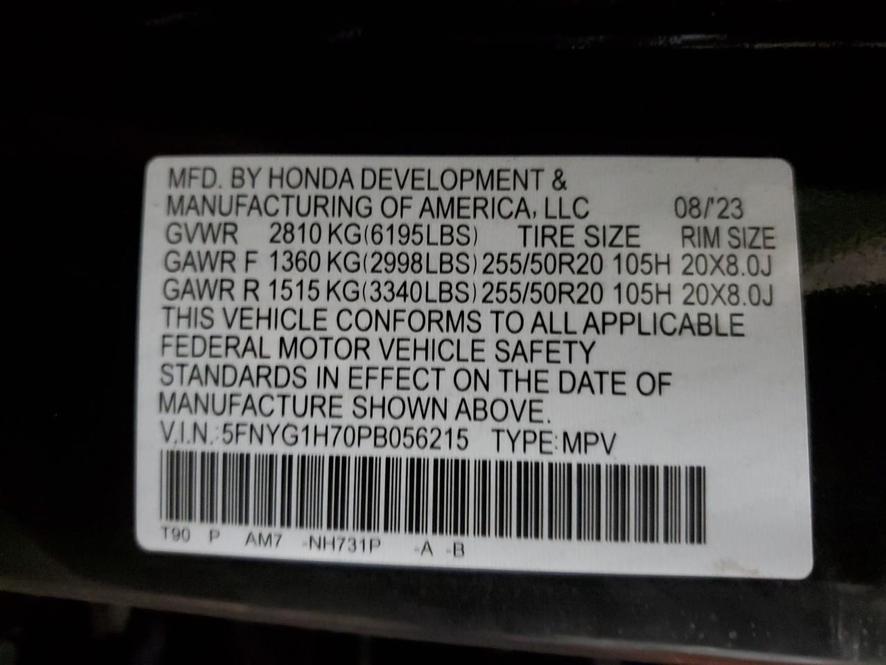 2023 HONDA PILOT TOURING VIN:5FNYG1H70PB056215