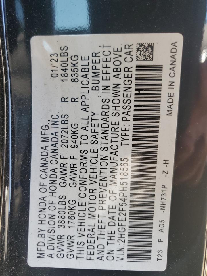 2023 HONDA CIVIC SPORT VIN:2HGFE2F54PH518565