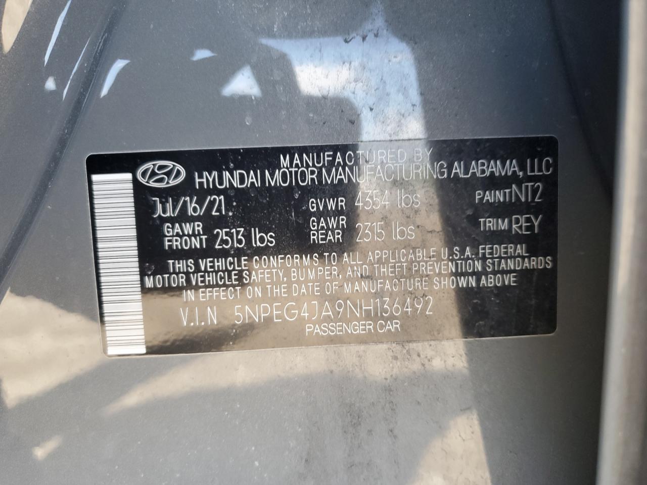 2022 HYUNDAI SONATA SE VIN:5NPEG4JA9NH136492
