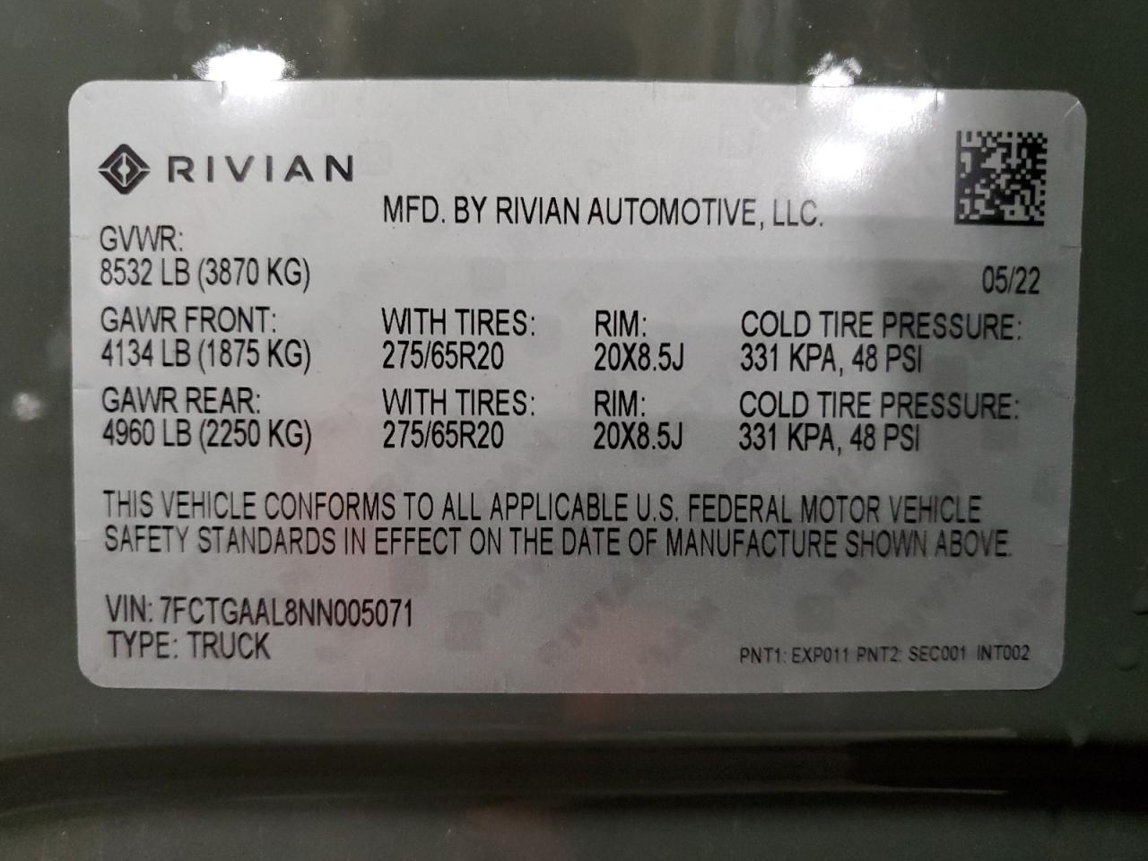2022 RIVIAN R1T LAUNCH EDITION VIN:7FCTGAAL8NN005071