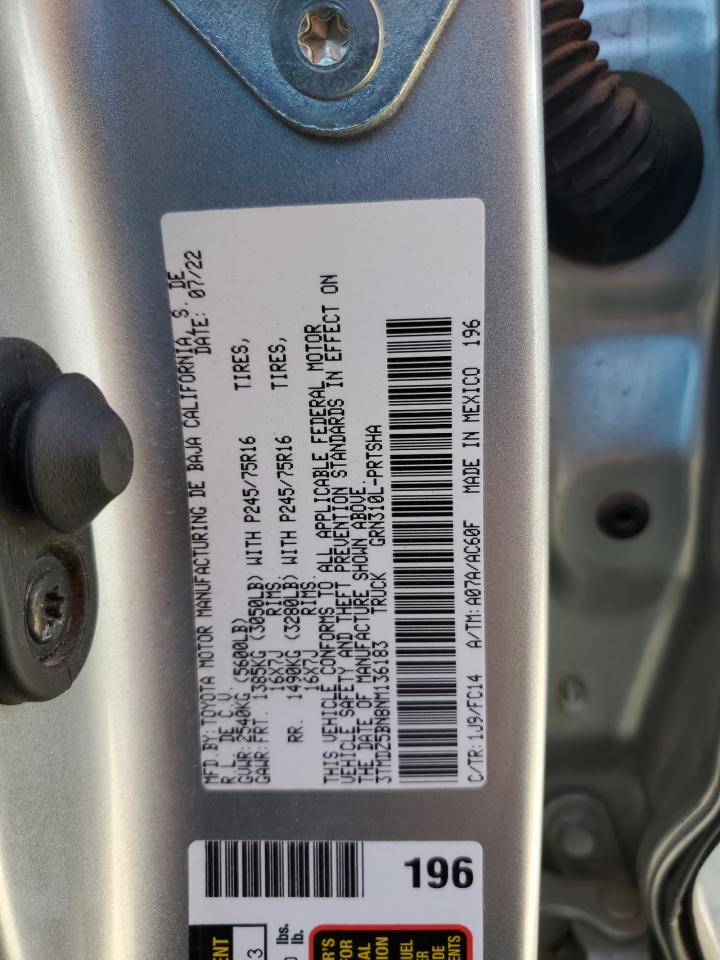 2022 TOYOTA TACOMA DOUBLE CAB VIN:3TMDZ5BN8NM136183