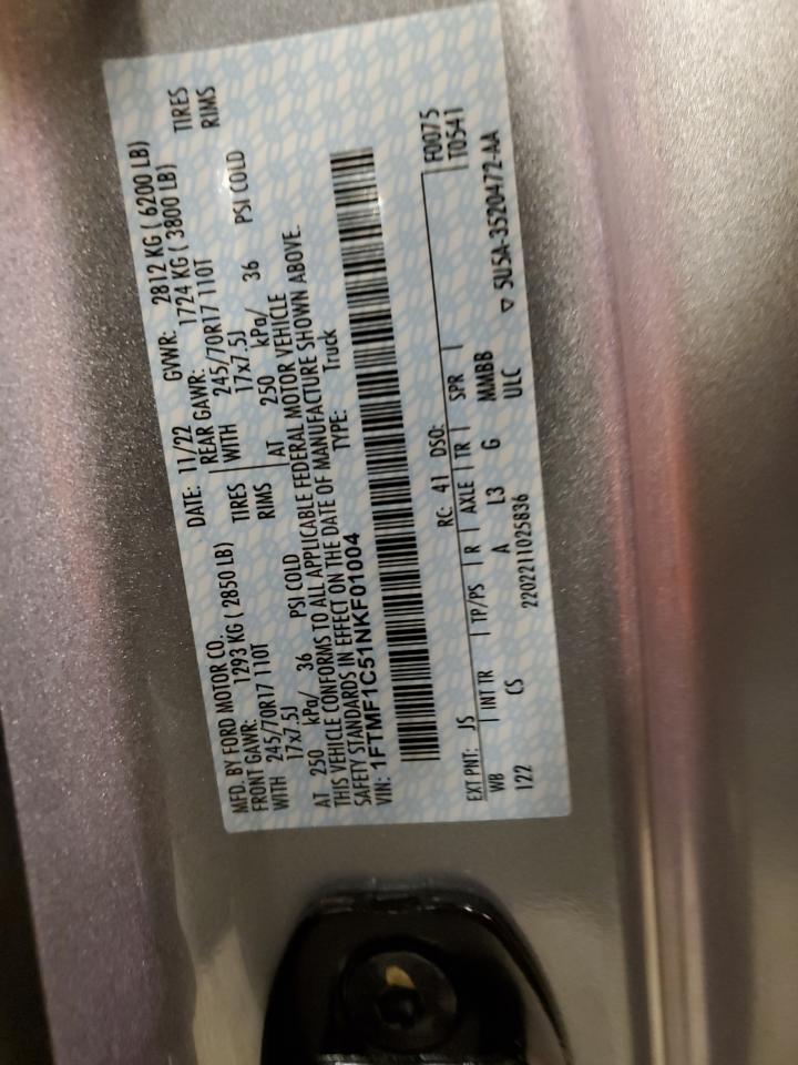 2022 FORD F150  VIN:1FTMF1C51NKF01004