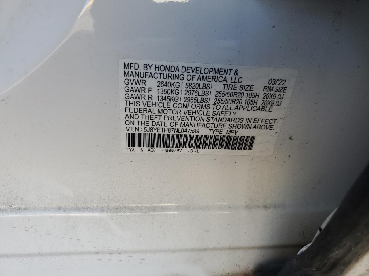 2022 ACURA MDX ADVANCE VIN:5J8YE1H87NL047599