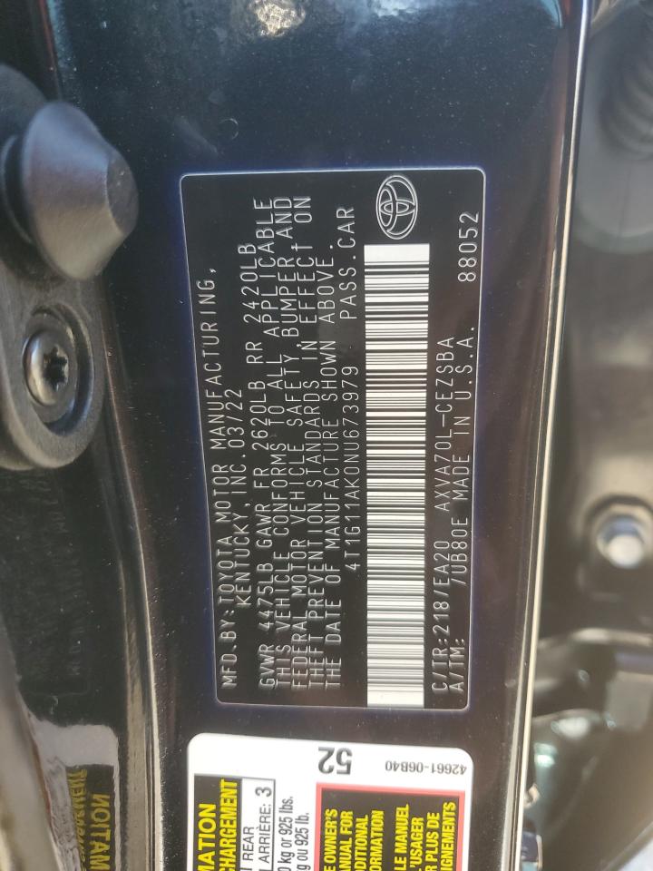 2022 TOYOTA CAMRY SE VIN:4T1G11AK0NU673979