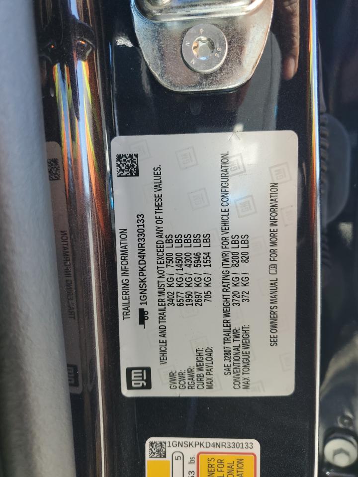 2022 CHEVROLET TAHOE K1500 Z71 VIN:1GNSKPKD4NR330133