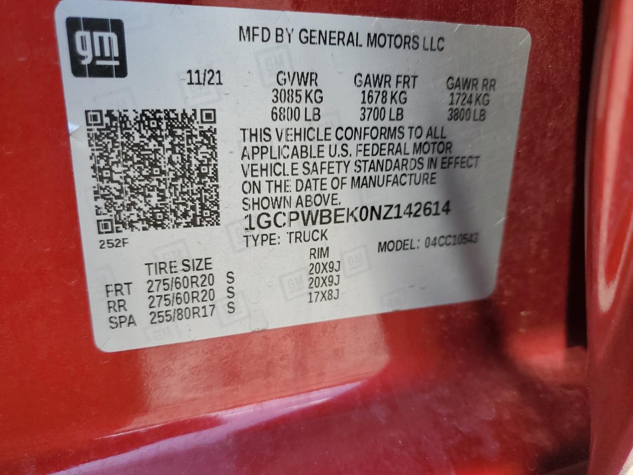 2022 CHEVROLET SILVERADO LTD C1500 CUSTOM VIN:1GCPWBEK0NZ142614